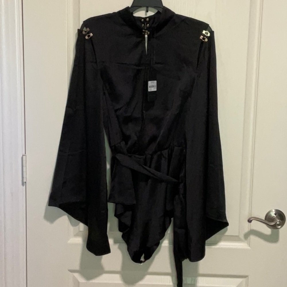Honey Birdette NWT L black long sleeve silky romper with matching sash
